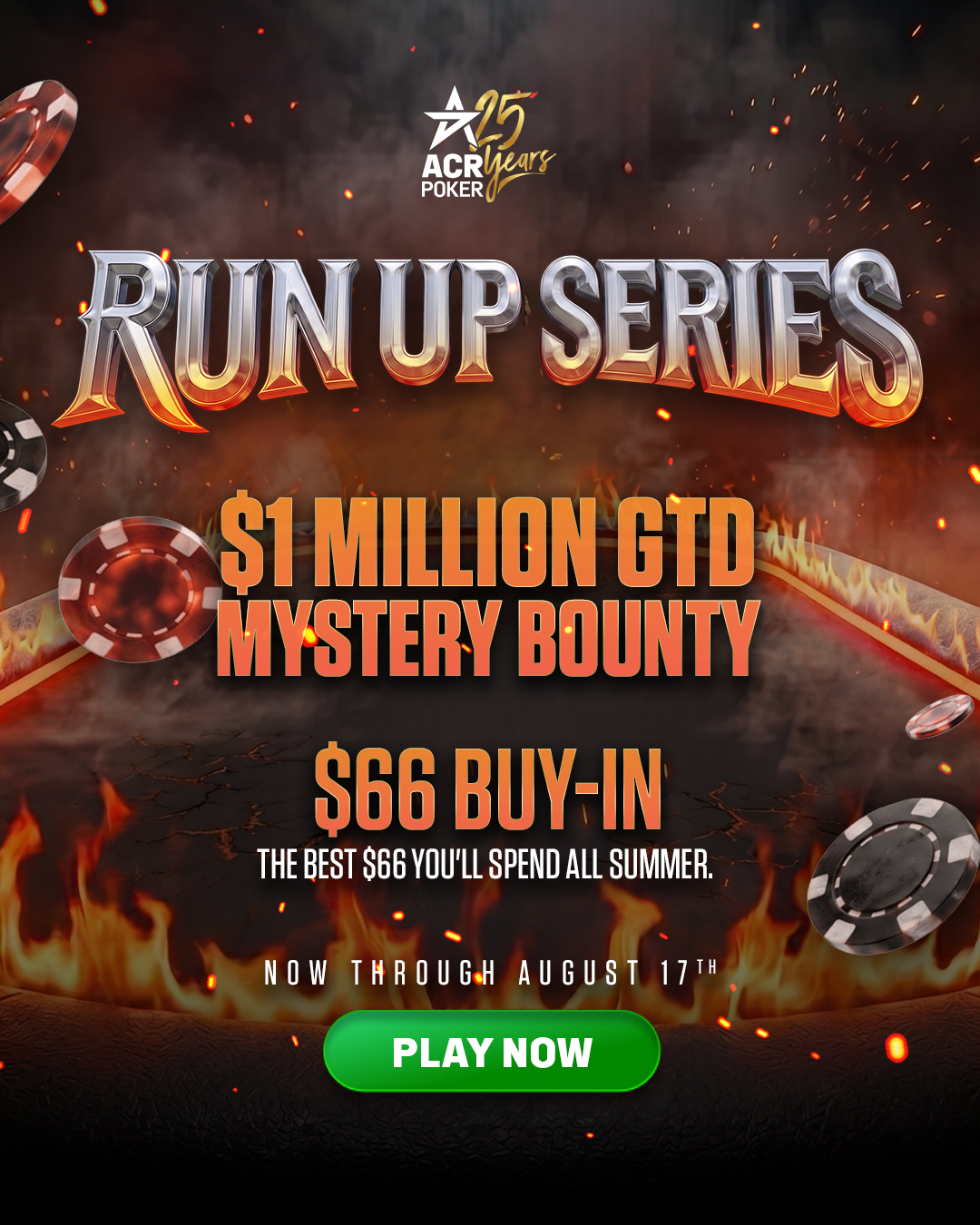 ACR Poker Run Up Series — $1 Million GTD Mystery Bounty, $66 buy-in, now through August 17